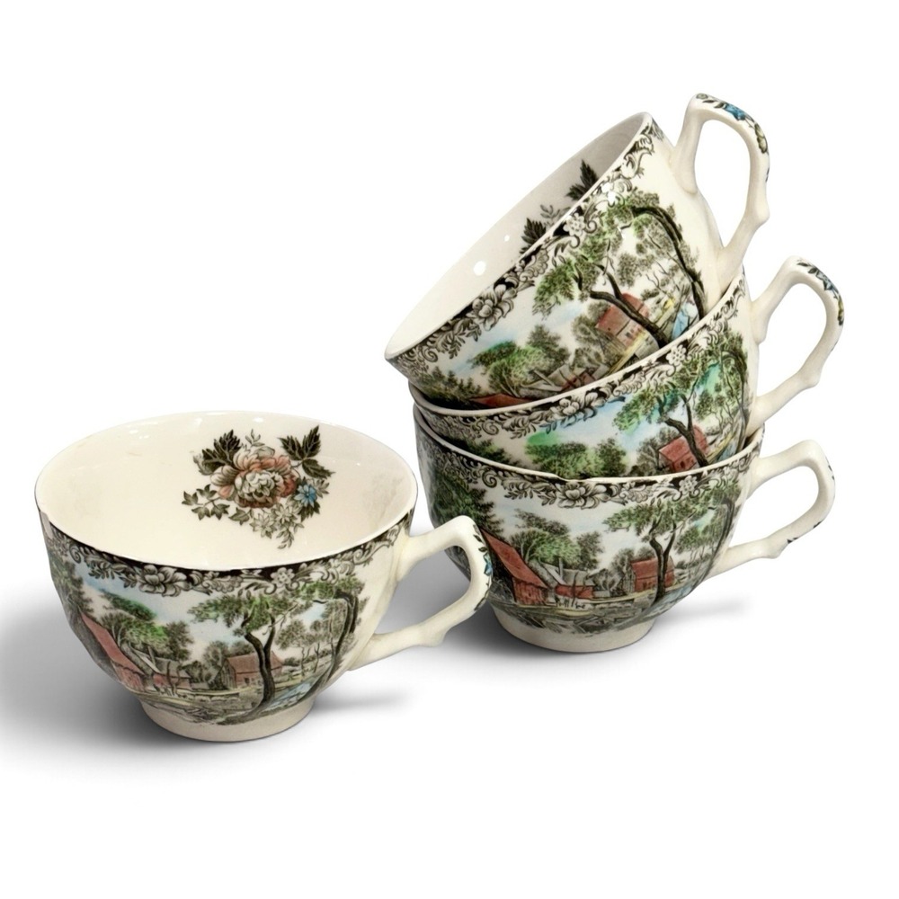 Vtg Johnson Bros England Mill Stream Brown Tea Cups 4 ct 1970s  Made In England